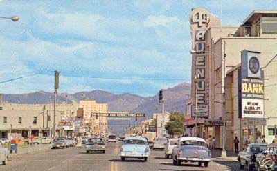 Downtown Anchorage, Alaska looking east toward the mountains. 4th avenue