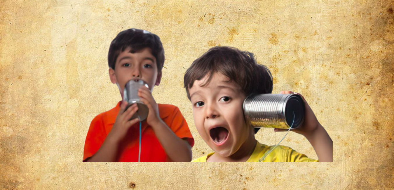 Two boys use tin cans and a string to talk with each other. contact us