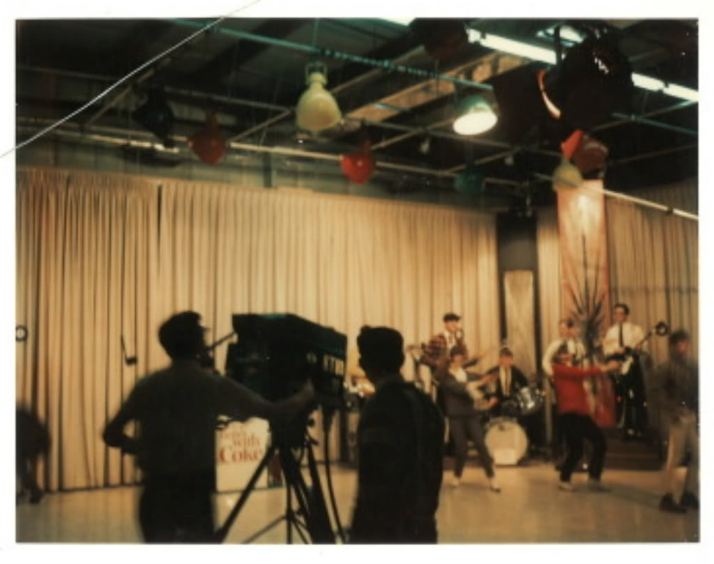 Camera crew televises a live band during KTVA channel 11's live teen dance show. anchorage TV teen dance show